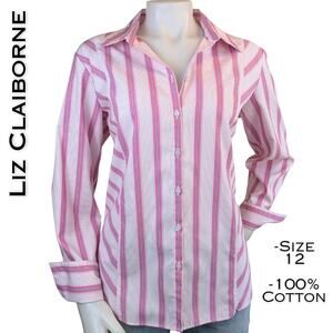 Liz Claiborne Button Down Shirt 12 Pink Stripe Cotton Career Preppy Uptown Girl